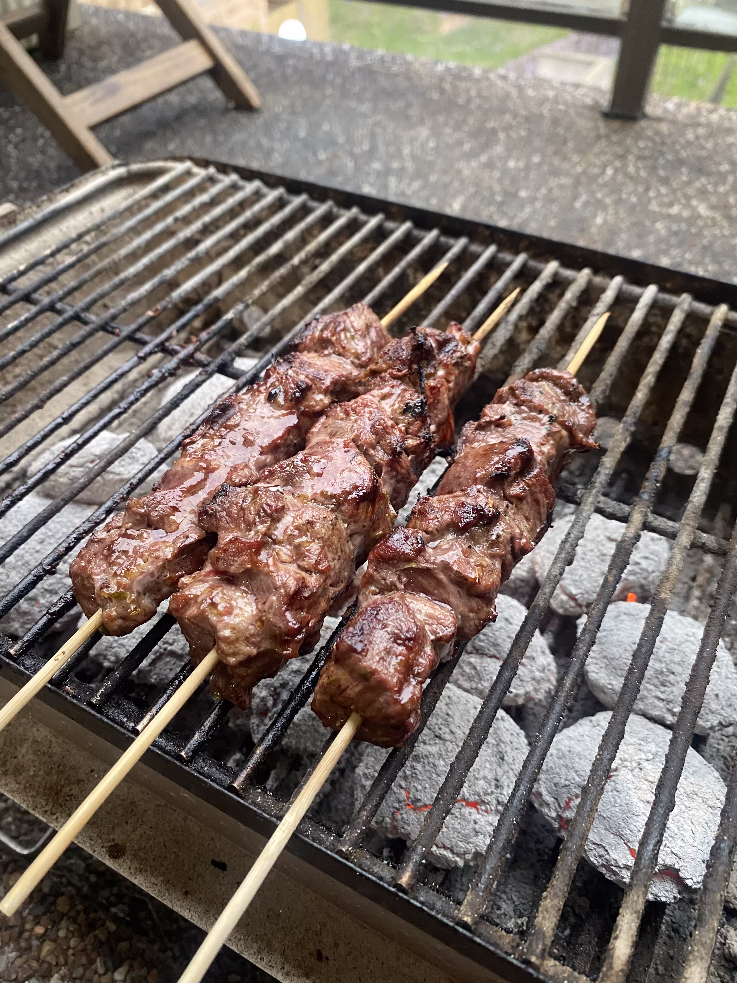Lamb skewers on coal barbeque