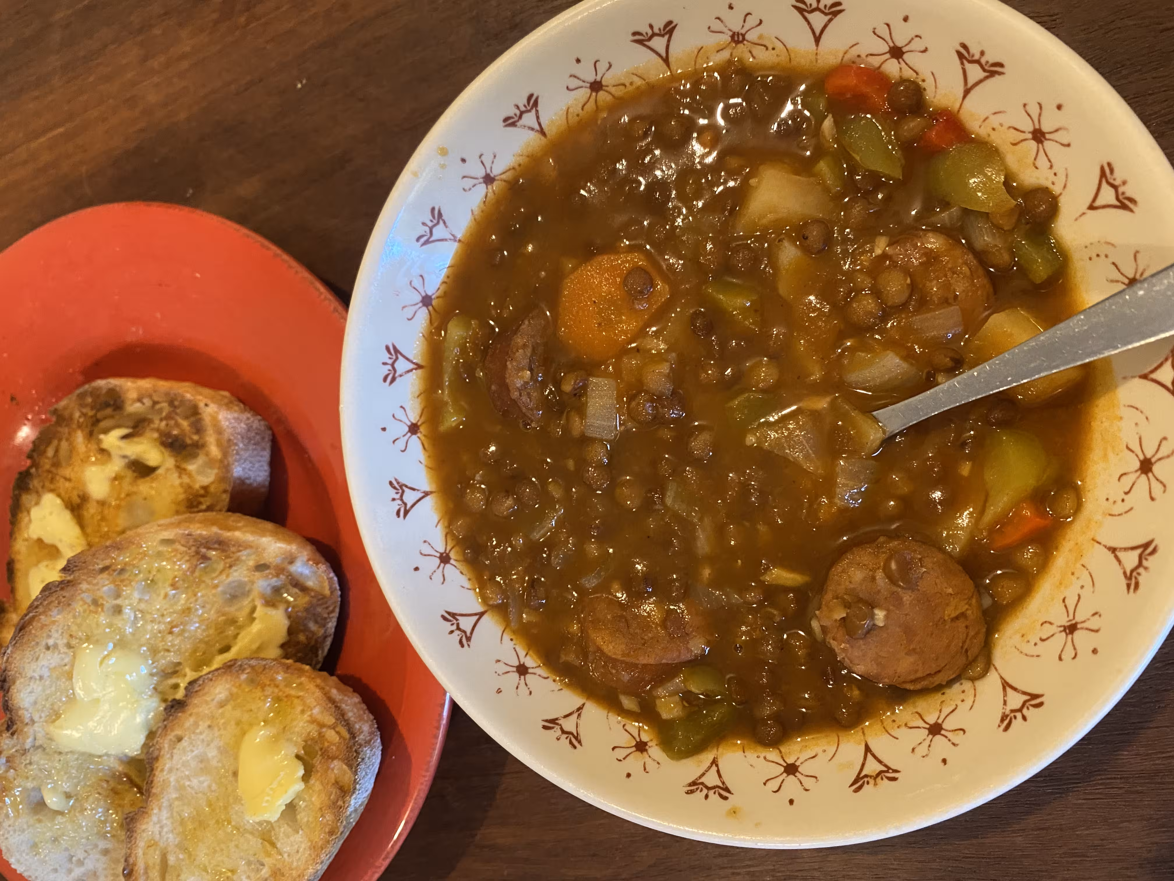 Chorizo stew with buttered sourdough toast